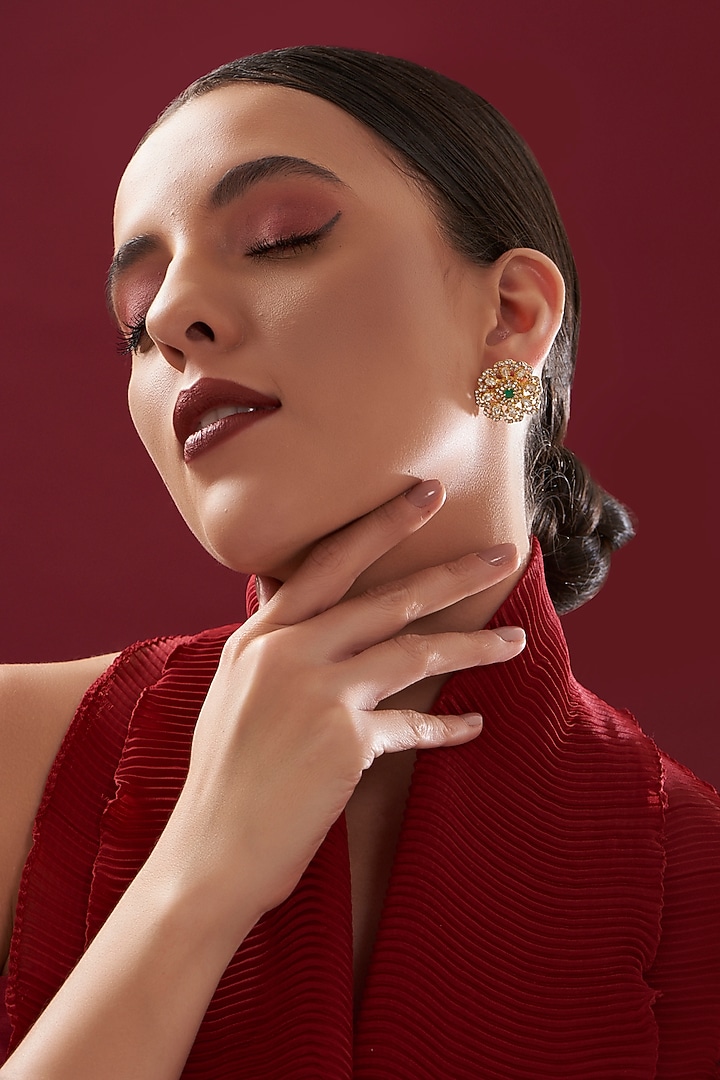 Gold Plated Emerald & Moissanite Polki Handcrafted Stud Earrings In Sterling Silver by IVORINE at Pernia's Pop Up Shop