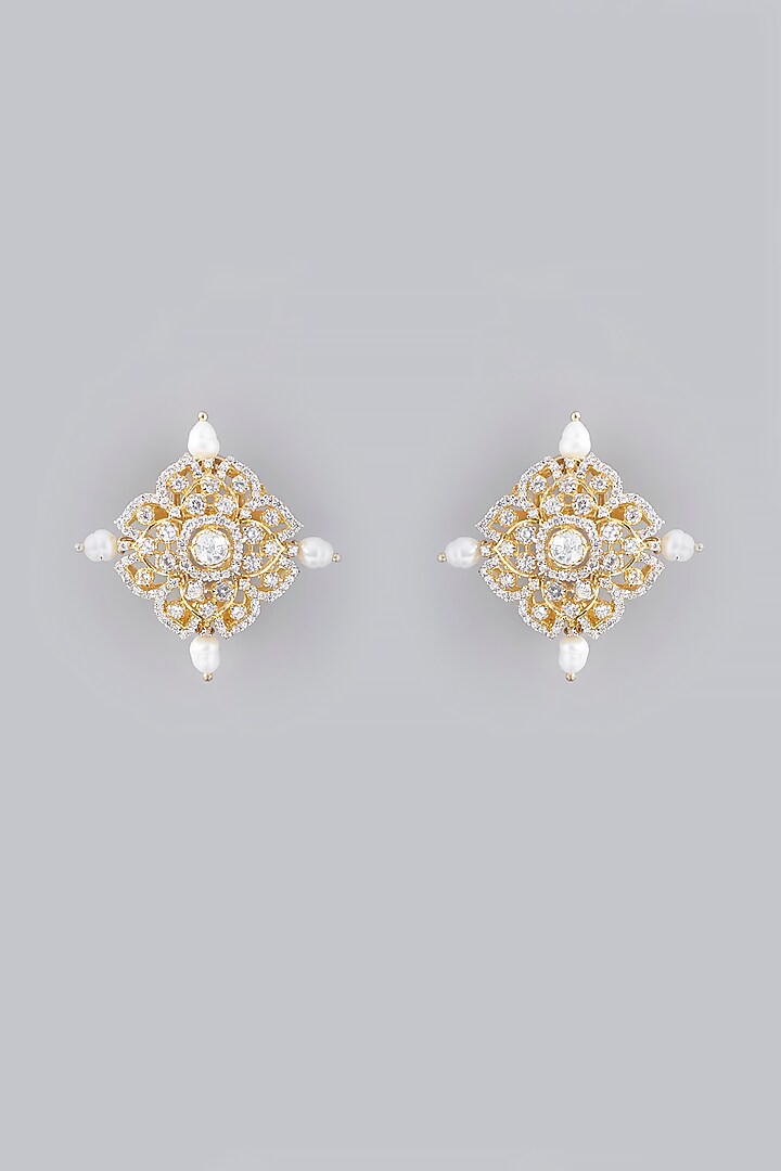 Gold Plated Pearl & Moissanite Polki Handcrafted Stud Earrings In Sterling Silver by IVORINE at Pernia's Pop Up Shop