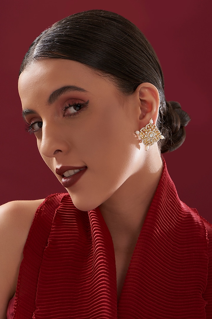 Gold Plated Pearl & Moissanite Polki Handcrafted Stud Earrings In Sterling Silver by IVORINE at Pernia's Pop Up Shop