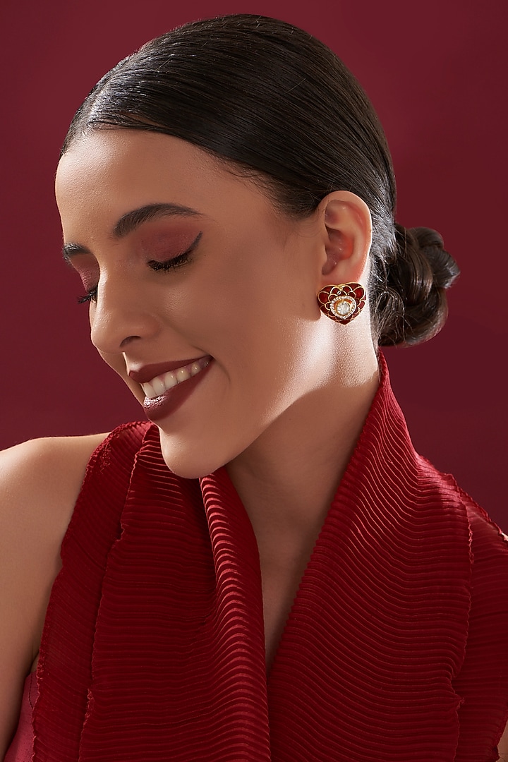 Gold Plated Red Stones & Moissanite Polki Handcrafted Enamelled Stud Earrings In Sterling Silver by IVORINE at Pernia's Pop Up Shop