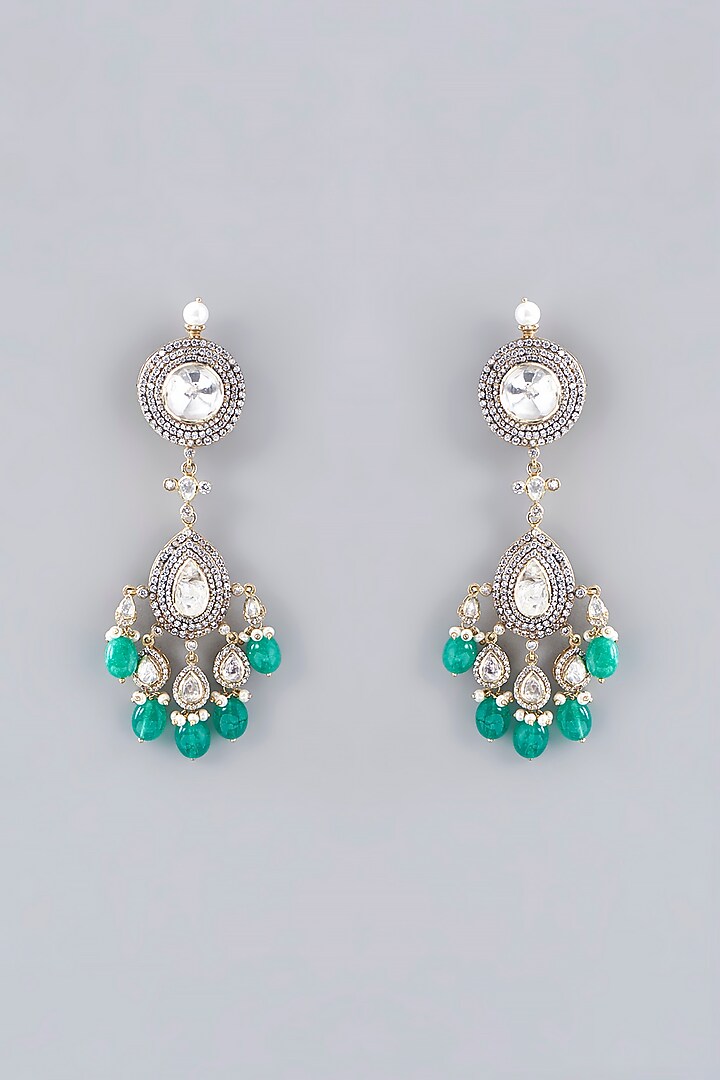 Gold Plated Emerald Beads & Moissanite Polki Handcrafted Dangler Earrings In Sterling Silver by IVORINE at Pernia's Pop Up Shop