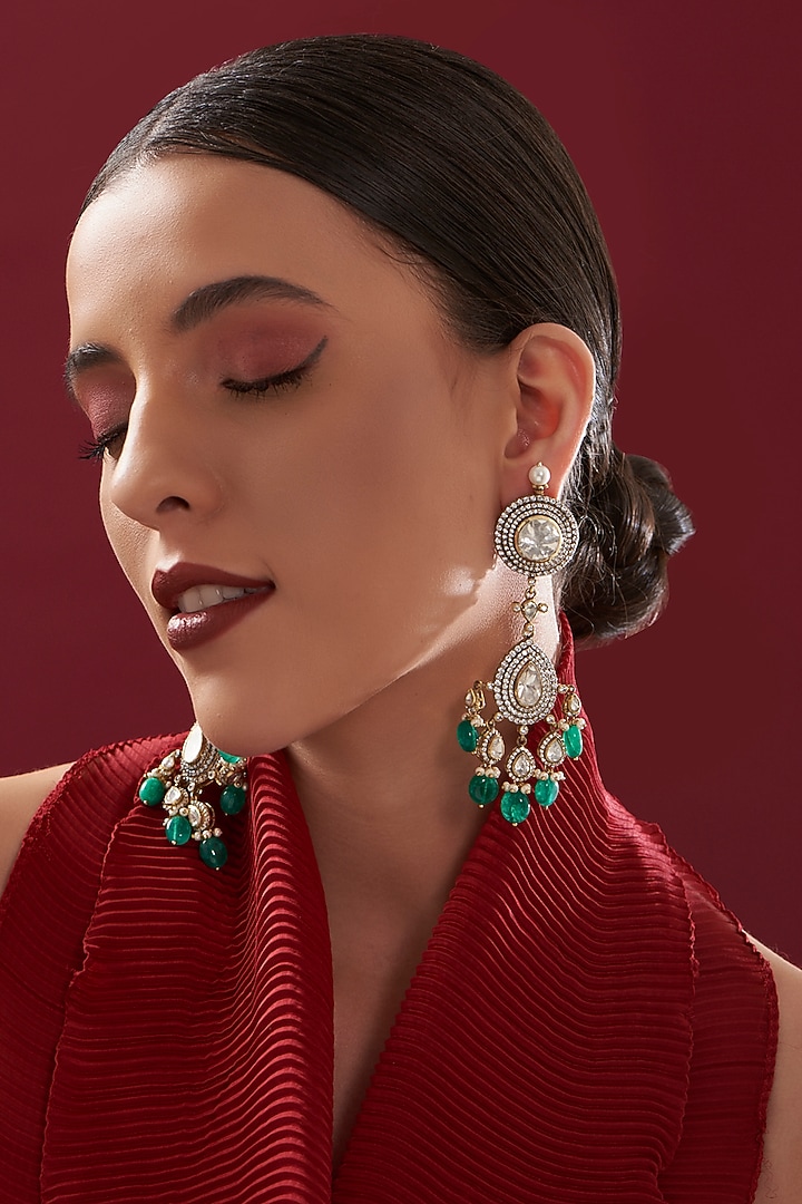 Gold Plated Emerald Beads & Moissanite Polki Handcrafted Dangler Earrings In Sterling Silver by IVORINE at Pernia's Pop Up Shop