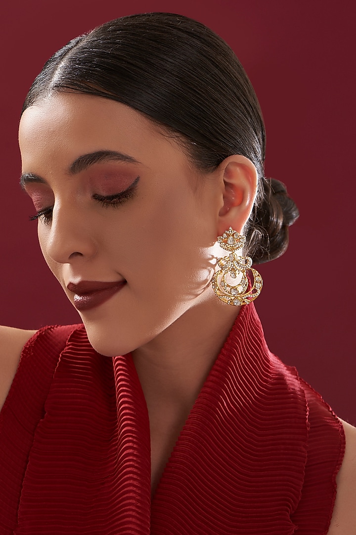 Gold Plated Moissanite Polki Handcrafted Dangler Earrings In Sterling Silver by IVORINE at Pernia's Pop Up Shop