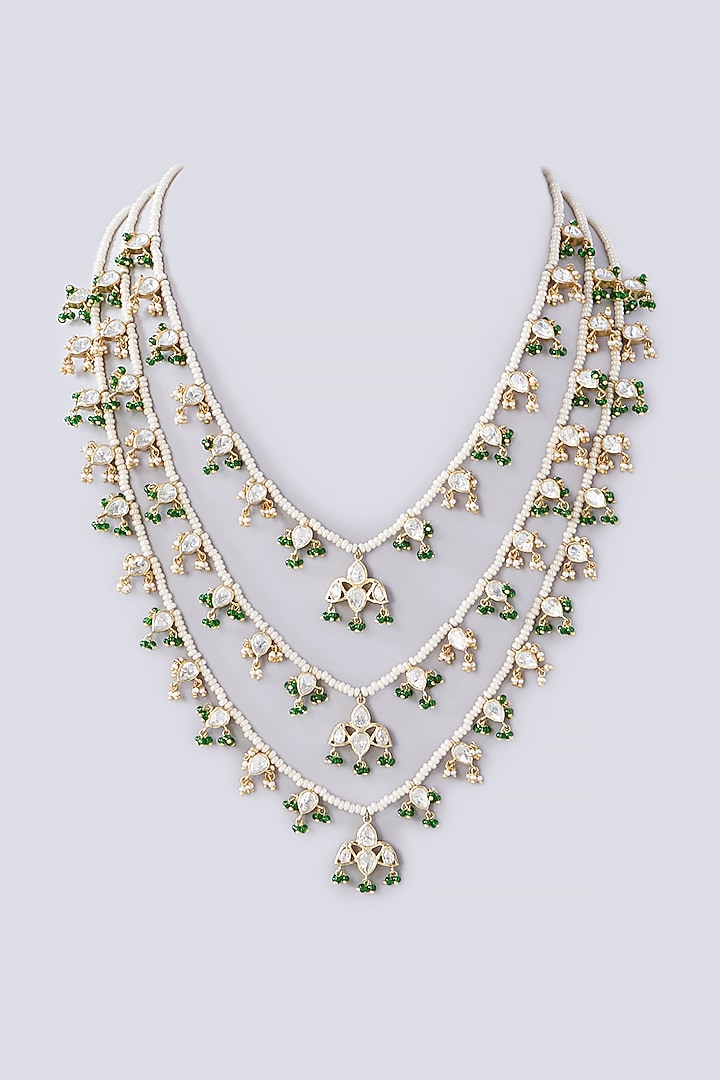 Gold Plated Moissanite Polki & Green Stone Handcrafted Long Necklace In Sterling Silver by IVORINE at Pernia's Pop Up Shop