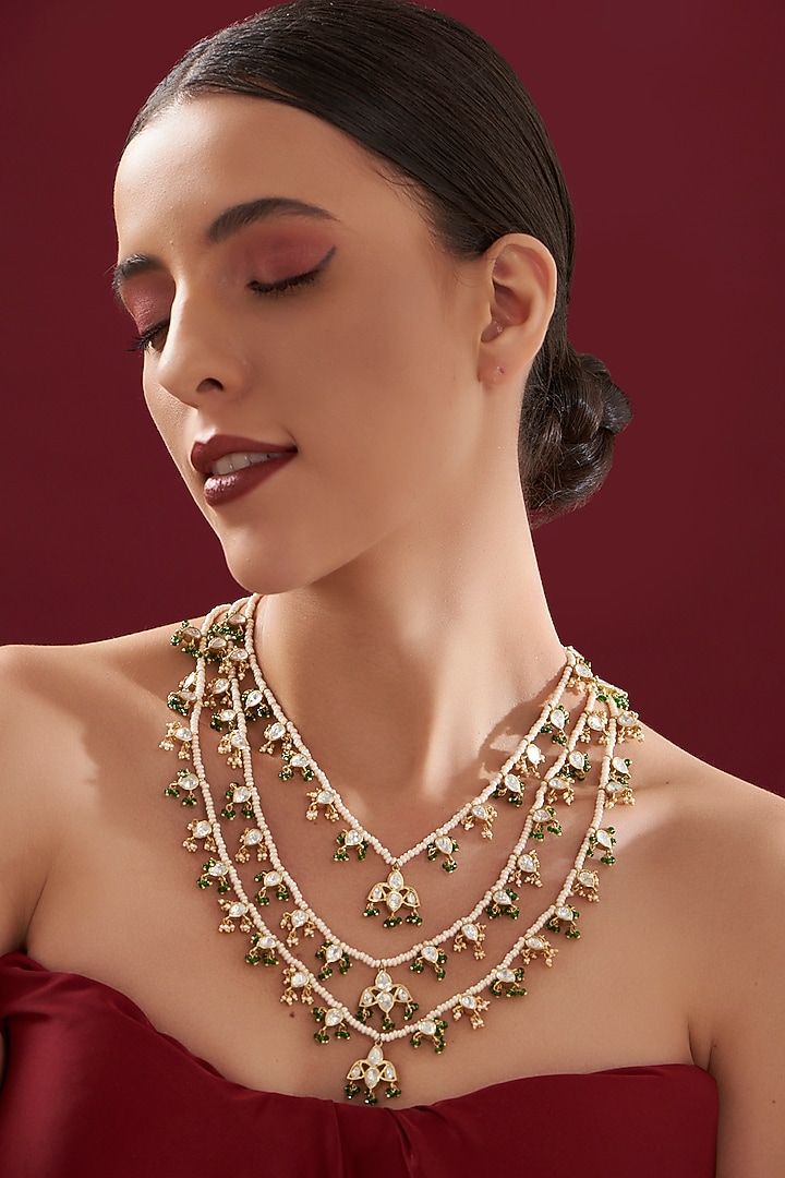 Gold Plated Moissanite Polki & Green Stone Handcrafted Long Necklace In Sterling Silver by IVORINE at Pernia's Pop Up Shop