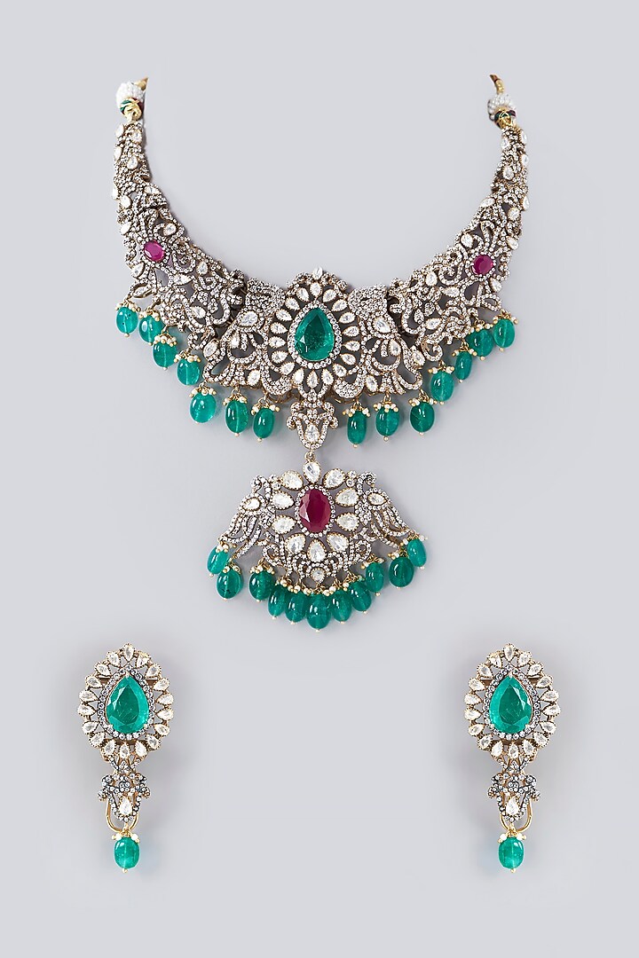 Gold Plated Moissanite Polki & Green Stones Handcrafted Necklace Set In Sterling Silver by IVORINE at Pernia's Pop Up Shop