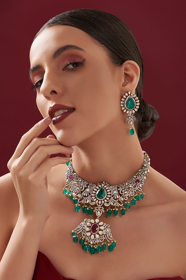 Gold Plated Moissanite Polki & Green Stones Handcrafted Necklace Set In Sterling Silver by IVORINE at Pernia's Pop Up Shop