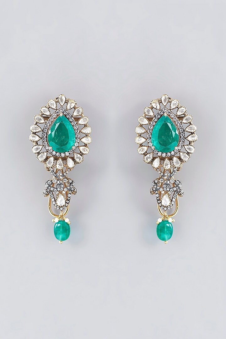 Gold Plated Moissanite Polki & Green Stones Handcrafted Necklace Set In Sterling Silver by IVORINE at Pernia's Pop Up Shop