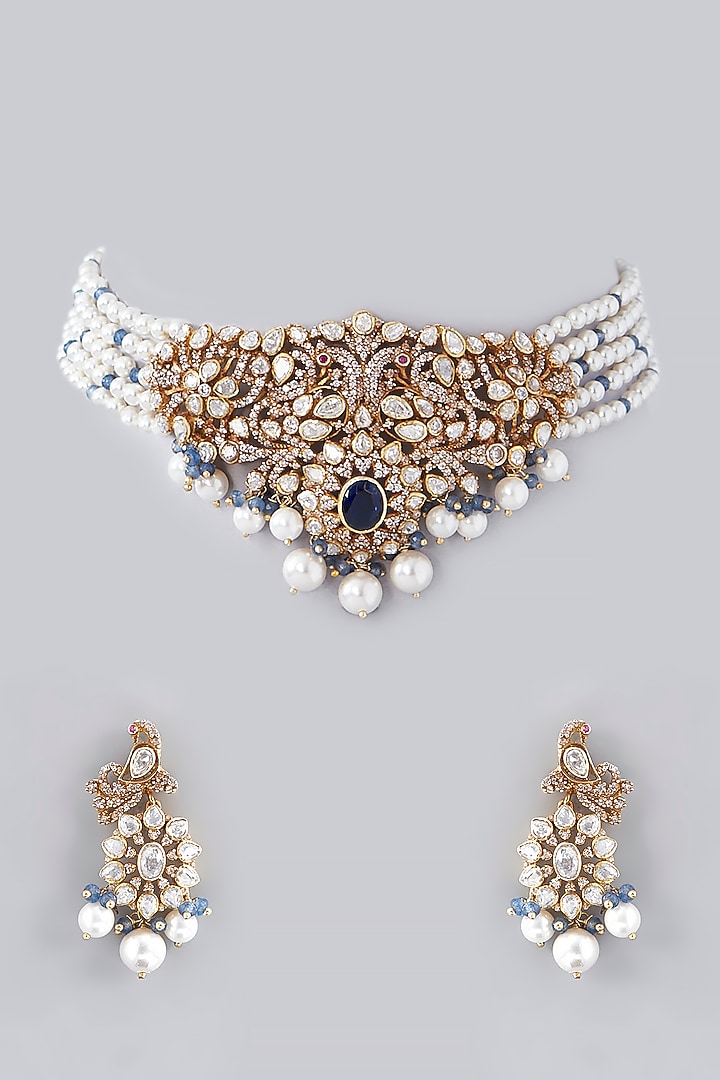 Gold Plated Sapphire & Moissanite Polki Handcrafted Choker Necklace Set In Sterling Silver by IVORINE at Pernia's Pop Up Shop
