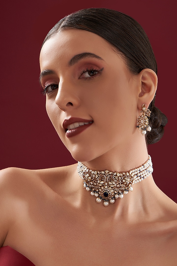 Gold Plated Sapphire & Moissanite Polki Handcrafted Choker Necklace Set In Sterling Silver by IVORINE