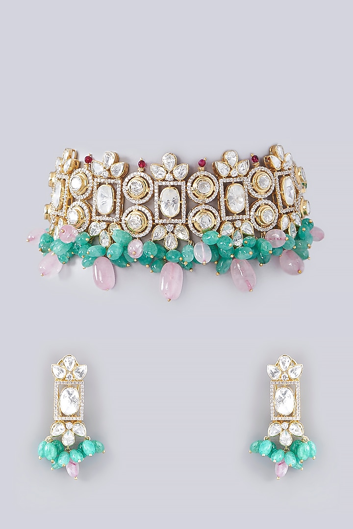 Gold Plated Green Jade & Moissanite Polki Handcrafted Choker Necklace Set In Sterling Silver by IVORINE at Pernia's Pop Up Shop