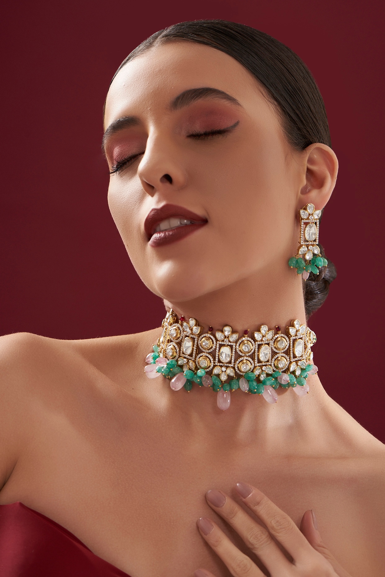 Gold Plated Green Jade & Moissanite Polki Handcrafted Choker Necklace Set  In Sterling Silver Design by IVORINE at Pernia's Pop Up Shop 2024