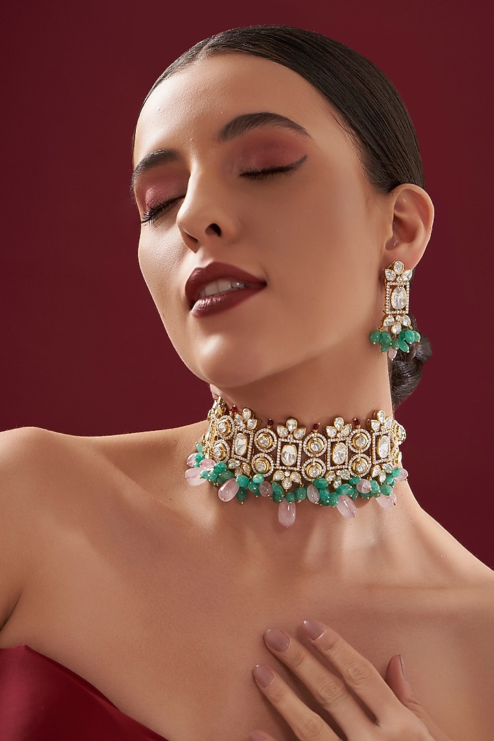 Gold Plated Green Jade & Moissanite Polki Handcrafted Choker Necklace Set In Sterling Silver by IVORINE at Pernia's Pop Up Shop
