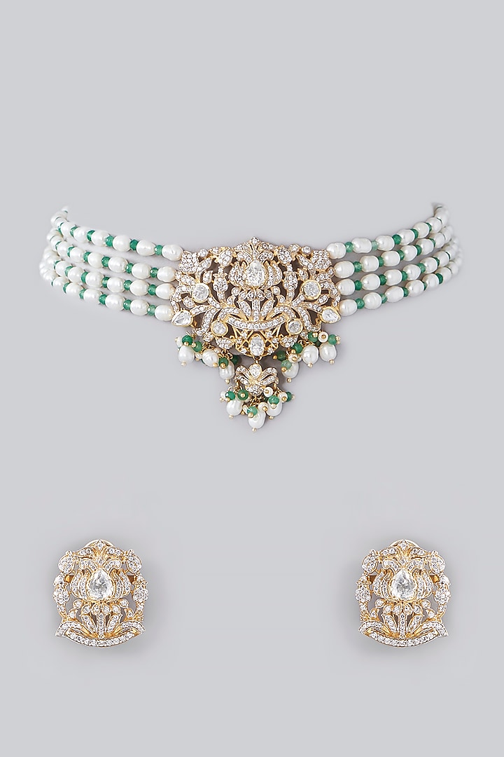 Gold Plated Emerald Beads & Moissanite Polki Handcrafted Choker Necklace Set In Sterling Silver by IVORINE at Pernia's Pop Up Shop