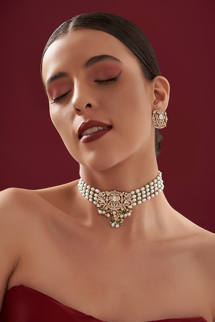 Gold Plated Emerald Beads & Moissanite Polki Handcrafted Choker Necklace Set In Sterling Silver by IVORINE at Pernia's Pop Up Shop