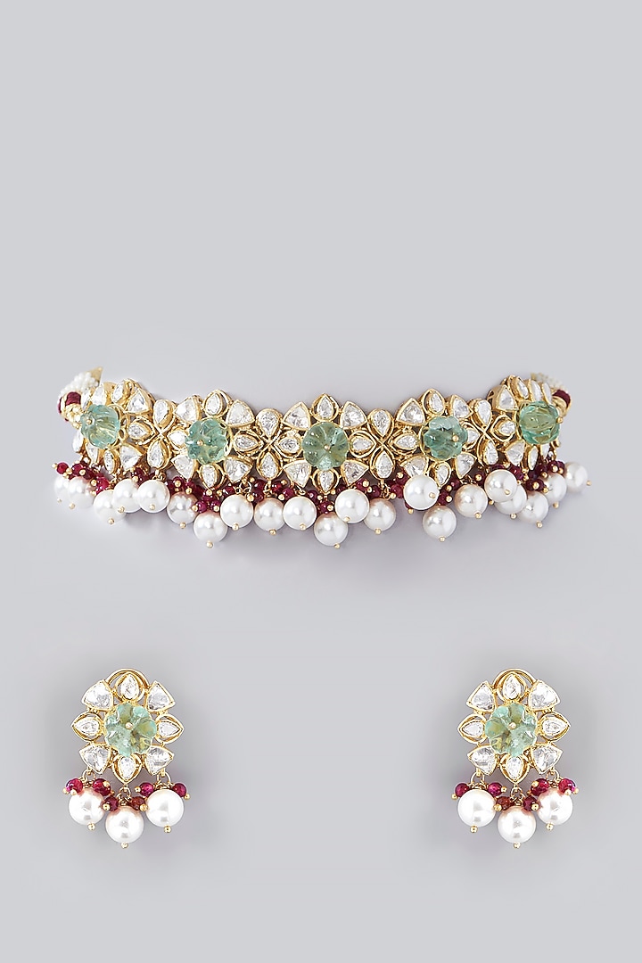 Gold Plated Ruby Beads & Moissanite Polki Handcrafted Choker Necklace Set In Sterling Silver by IVORINE at Pernia's Pop Up Shop