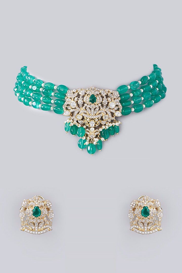 Gold Plated Moissanite Polki & Beads Handcrafted Choker Necklace Set In Sterling Silver by IVORINE at Pernia's Pop Up Shop