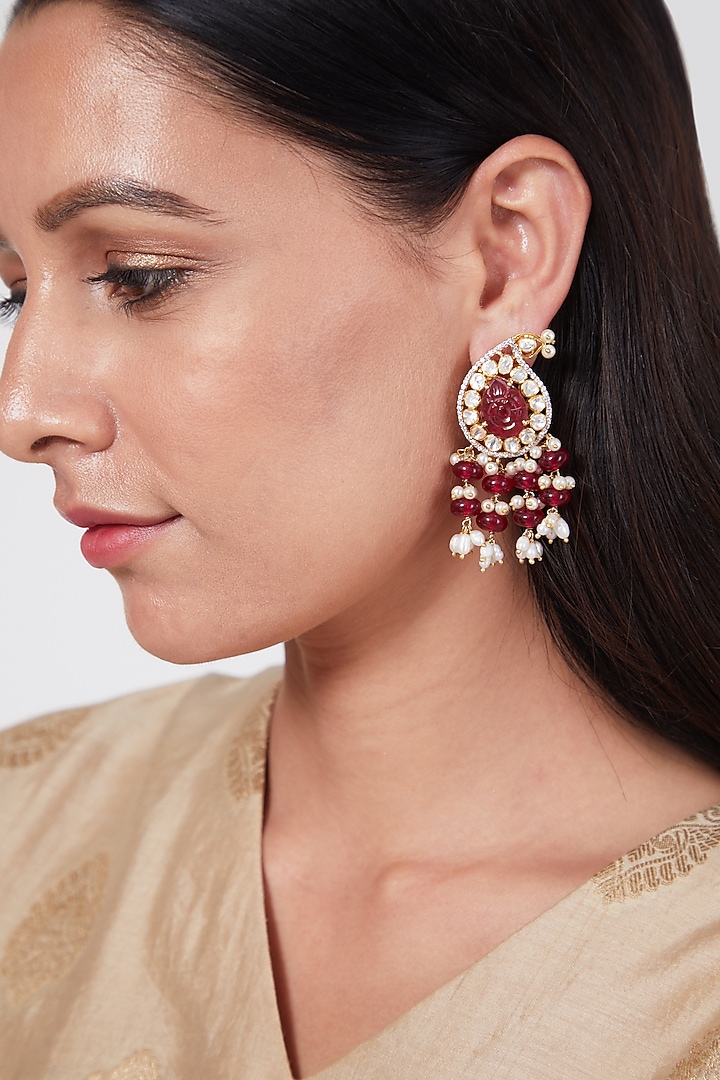 Gold Plated Kundan Polki Handcrafted Earrings In Sterling Silver by IVORINE at Pernia's Pop Up Shop