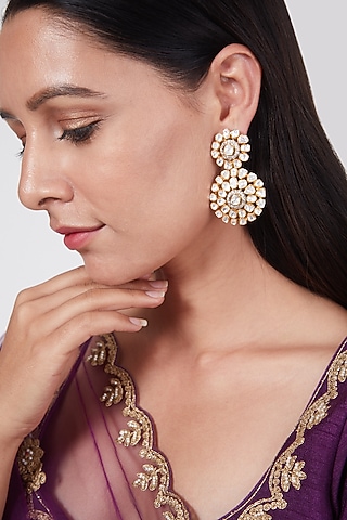 Gold Plated Kundan Polki Earrings In Sterling Silver by IVORINE