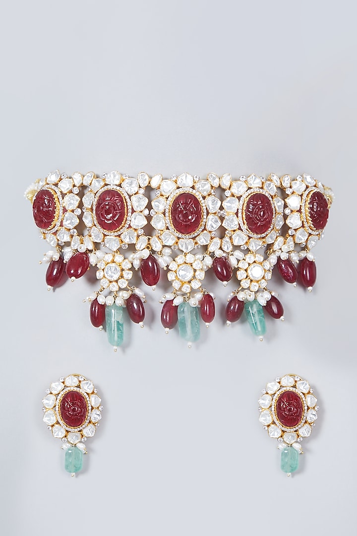 Gold Plated Ruby & Pearl Necklace Set In Sterling Silver by IVORINE at Pernia's Pop Up Shop