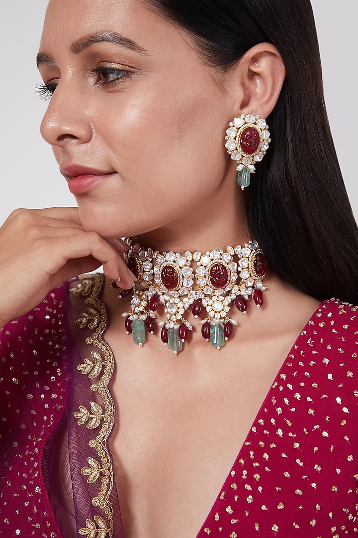 Gold Plated Ruby & Pearl Necklace Set In Sterling Silver by IVORINE at Pernia's Pop Up Shop