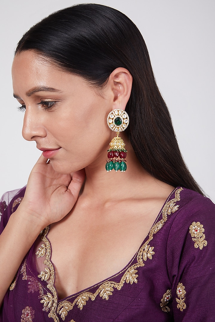 Gold Plated Kundan Polki & Emerald Earrings In Sterling Silver by IVORINE at Pernia's Pop Up Shop