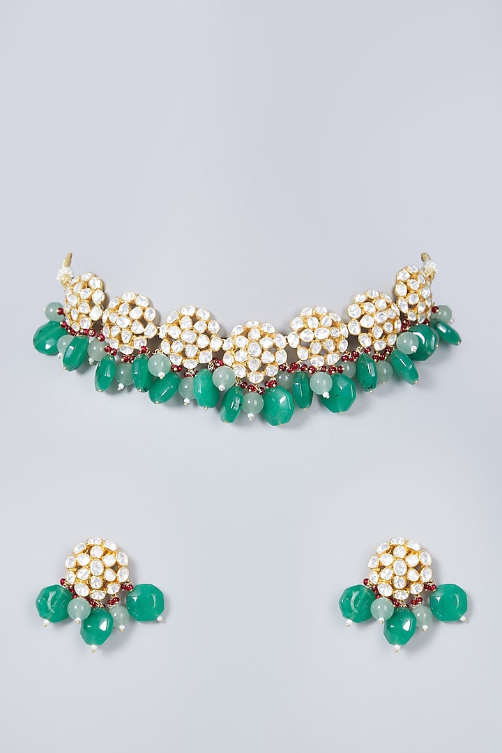 Gold Plated Kundan Polki & Red Onyx Necklace Set In Sterling Silver by IVORINE at Pernia's Pop Up Shop