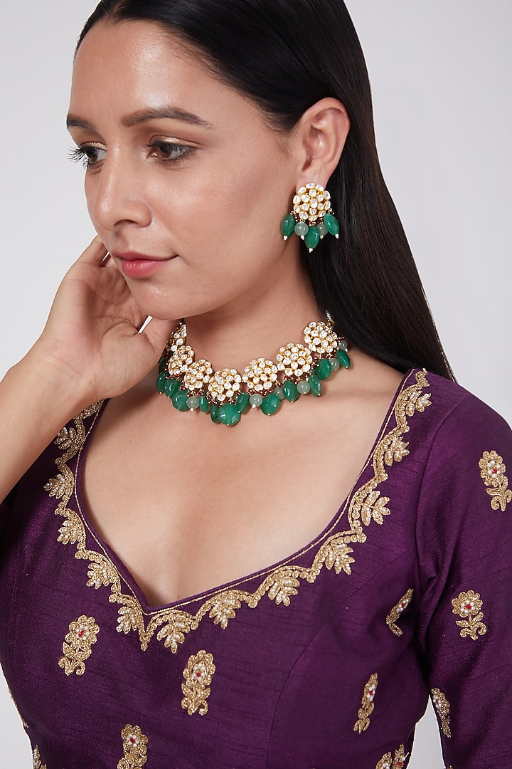 Gold Plated Kundan Polki & Red Onyx Necklace Set In Sterling Silver by IVORINE at Pernia's Pop Up Shop