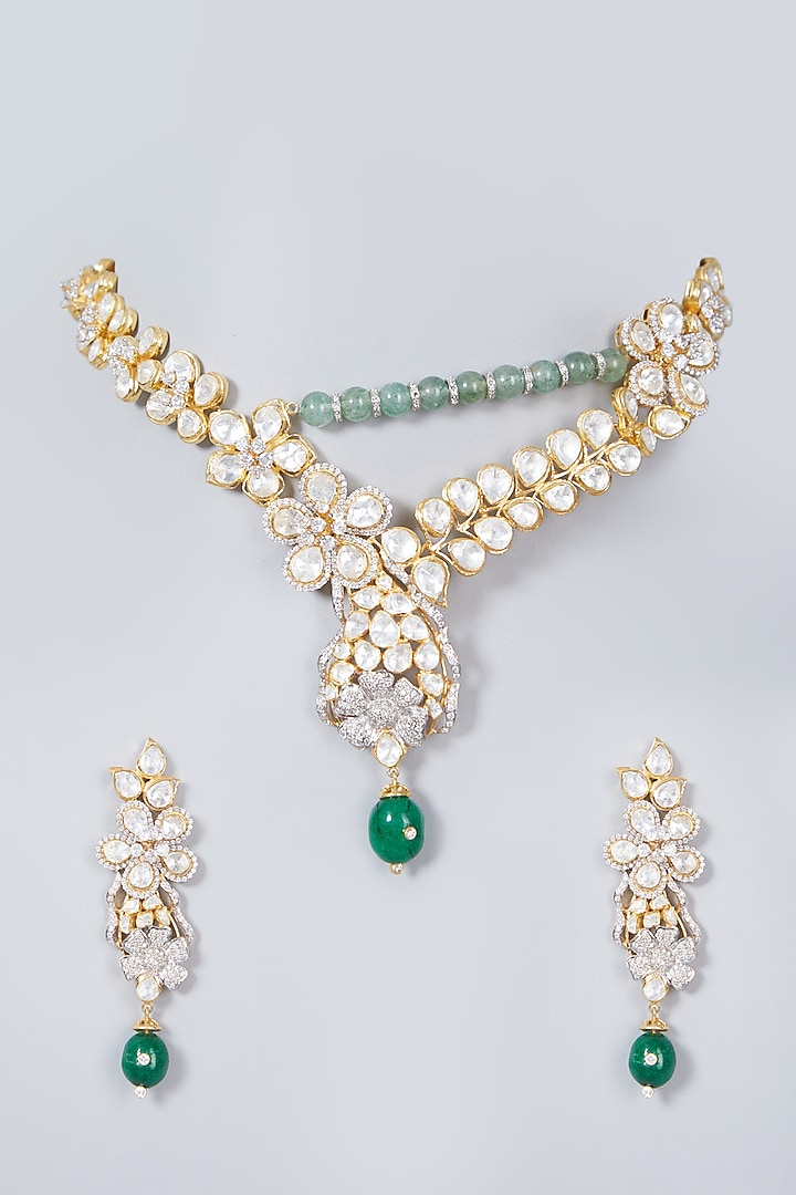 Gold Plated Emerald & Kundan Polki Necklace Set by IVORINE at Pernia's Pop Up Shop