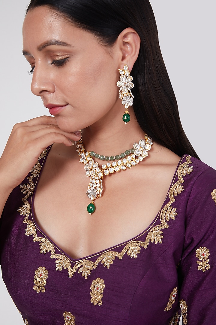 Gold Plated Emerald & Kundan Polki Necklace Set by IVORINE