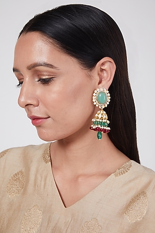 Gold Plated Kundan Polki & Bead Earrings In Sterling Silver by IVORINE