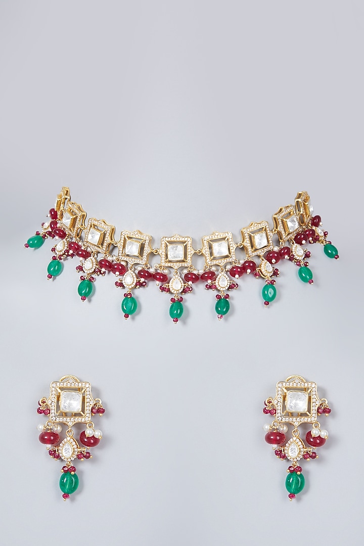 Gold Plated Kundan Polki Necklace Set In Sterling Silver by IVORINE at Pernia's Pop Up Shop