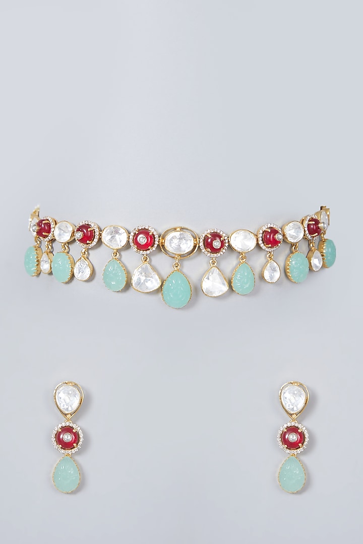 Gold Plated Ruby & Kundan Polki Necklace Set In Sterling Silver by IVORINE at Pernia's Pop Up Shop