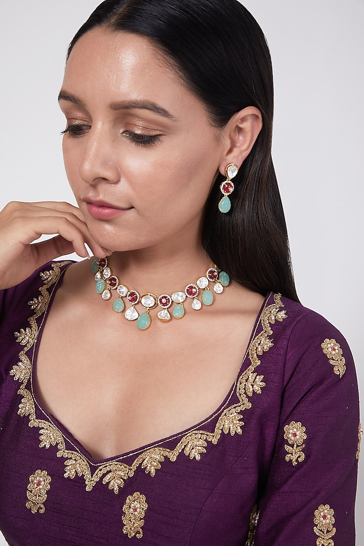 Gold Plated Ruby & Kundan Polki Necklace Set In Sterling Silver by IVORINE