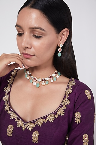 Gold Plated Ruby & Kundan Polki Necklace Set In Sterling Silver by IVORINE