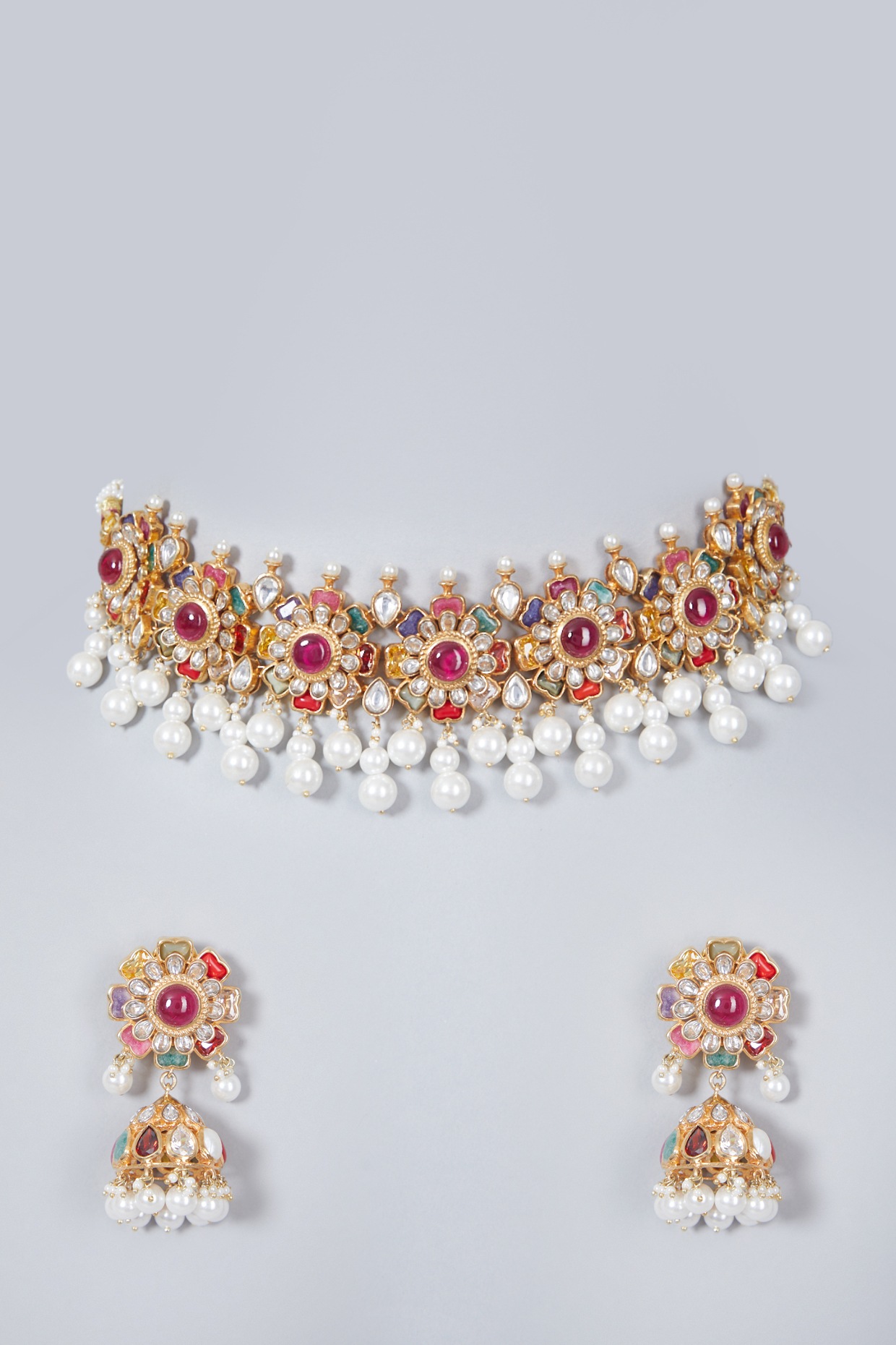 Gold Plated Navratna Stone Necklace Set 