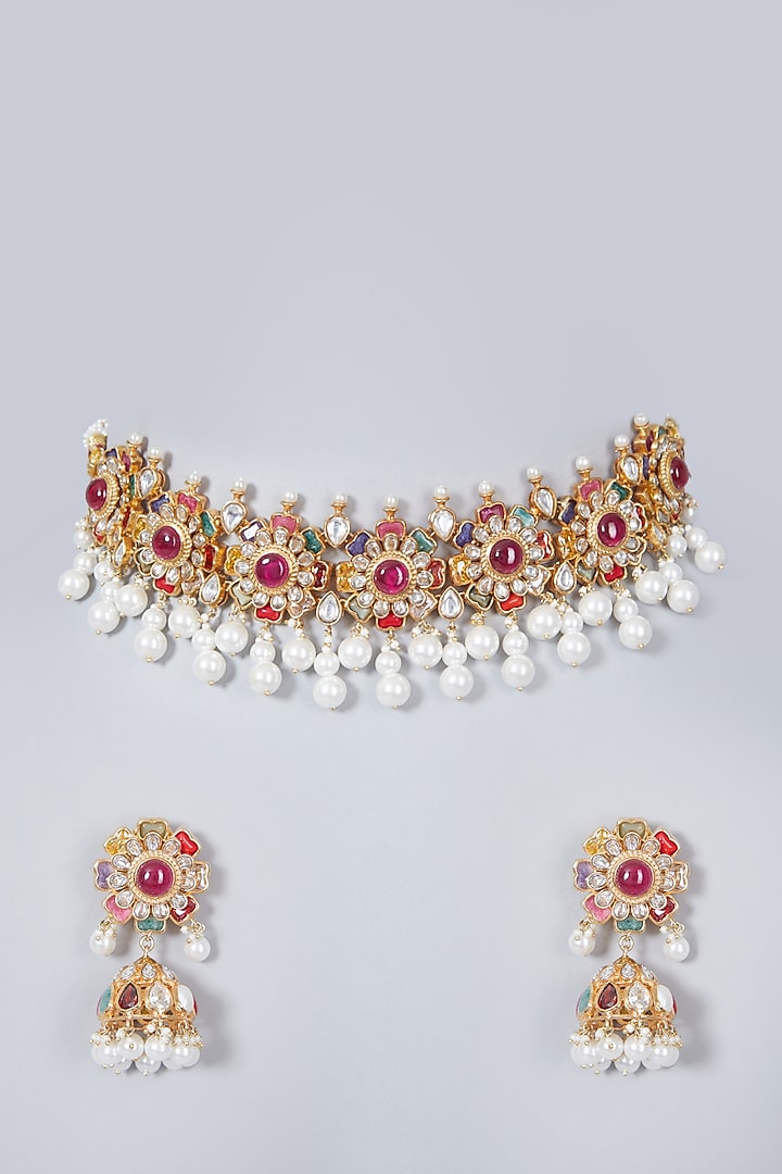Gold Plated Navratna Stone Necklace Set In Sterling Silver by IVORINE at Pernia's Pop Up Shop