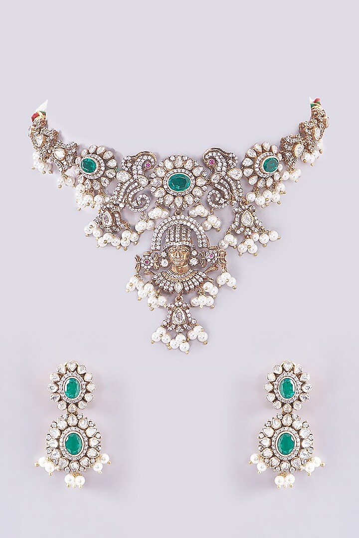 Gold Plated Moissanite Polki & Emerald Stone Handcrafted Necklace Set In Sterling Silver by IVORINE at Pernia's Pop Up Shop