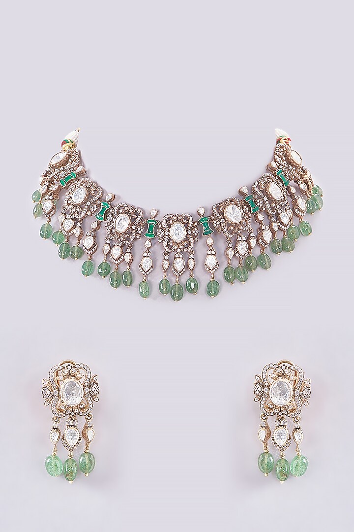 Gold Plated Moissanite Polki & Prehnite Stone Handcrafted Necklace Set In Sterling Silver by IVORINE at Pernia's Pop Up Shop