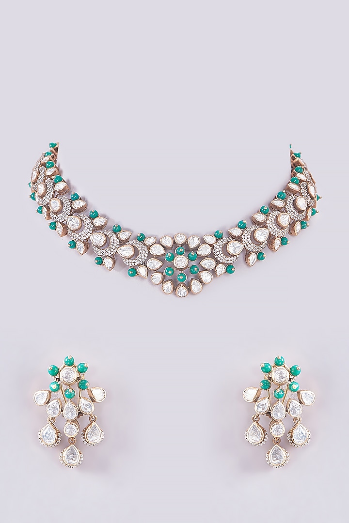 Gold Plated Moissanite Polki Handcrafted Choker Necklace Set In Sterling Silver by IVORINE at Pernia's Pop Up Shop