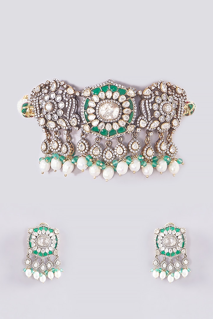 Gold Plated Moissanite Polki & Emerald Stone Handcrafted Choker Necklace Set In Sterling Silver by IVORINE at Pernia's Pop Up Shop