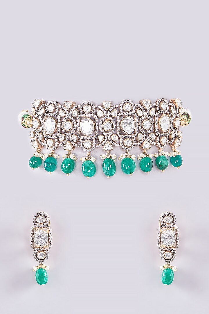 Gold Plated Moissanite Polki & Emerald Stone Handcrafted Choker Necklace Set In Sterling Silver by IVORINE at Pernia's Pop Up Shop