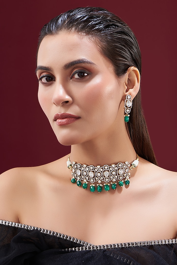 Gold Plated Moissanite Polki & Emerald Stone Handcrafted Choker Necklace Set In Sterling Silver by IVORINE at Pernia's Pop Up Shop