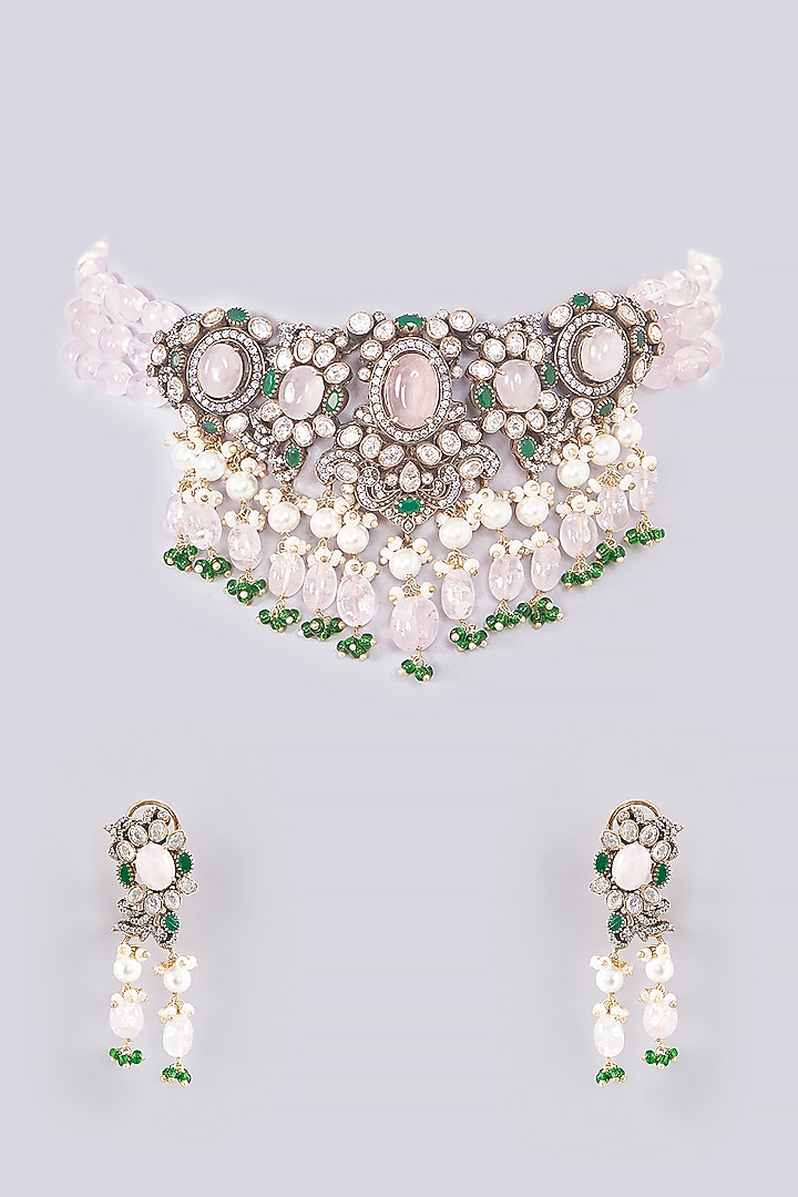Gold Plated Moissanite Polki & Rose Quartz Handcrafted Choker Necklace Set In Sterling Silver by IVORINE at Pernia's Pop Up Shop