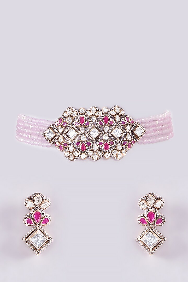 Gold Plated Moissanite Polki & Ruby Stones Handcrafted Choker Necklace Set In Sterling Silver by IVORINE at Pernia's Pop Up Shop