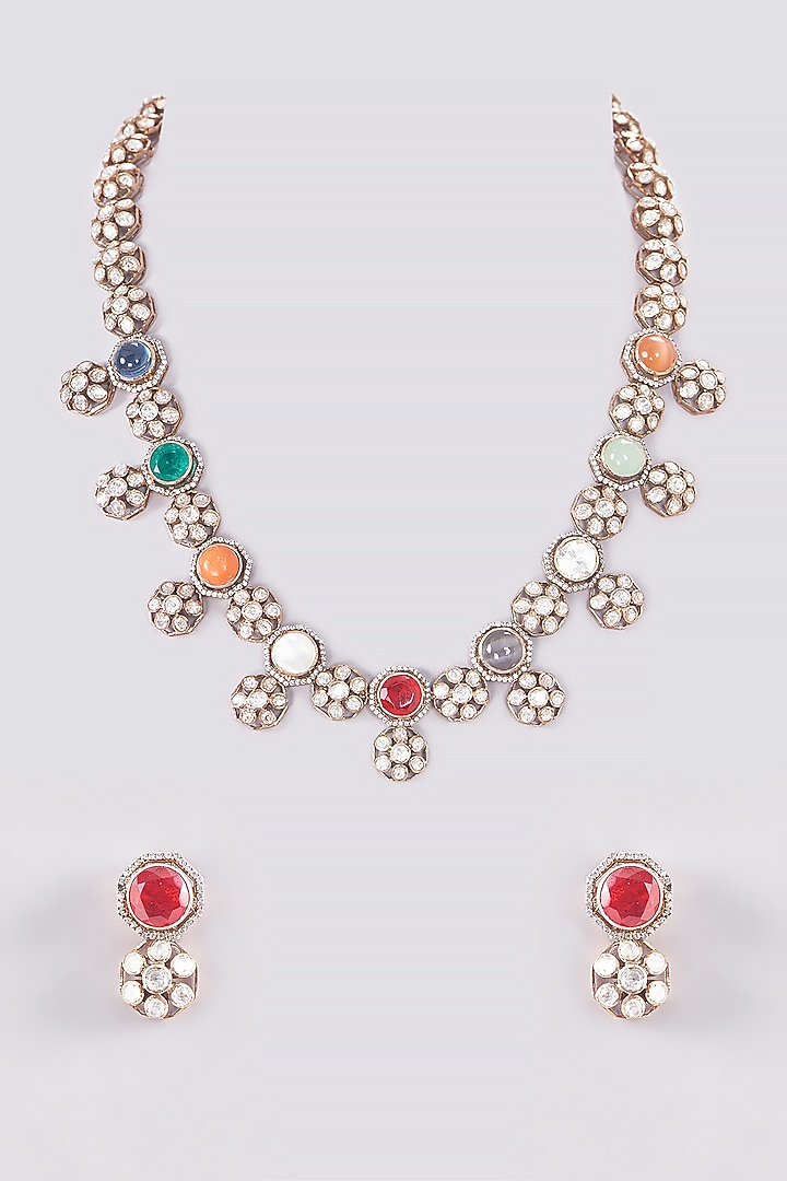 Gold Plated Moissanite Polki & Navratna Stones Handcrafted Necklace Set In Sterling Silver by IVORINE at Pernia's Pop Up Shop