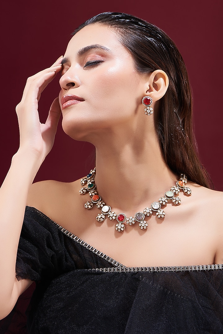 Gold Plated Moissanite Polki & Navratna Stones Handcrafted Necklace Set In Sterling Silver by IVORINE at Pernia's Pop Up Shop