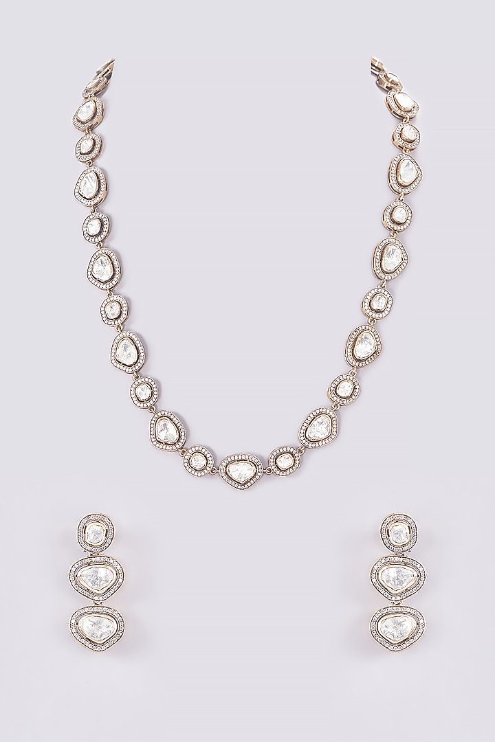 Gold Plated Moissanite Polki Handcrafted Long Necklace Set In Sterling Silver by IVORINE at Pernia's Pop Up Shop