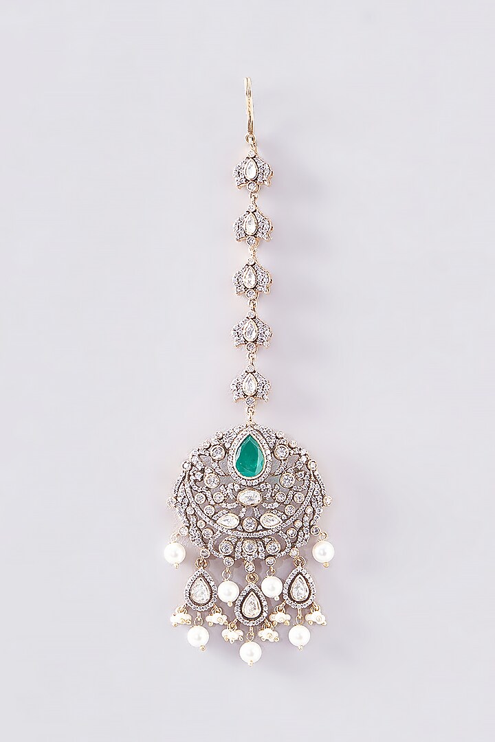 Gold Plated Emerald Moissanite Polki & Pearls Handcrafted Maangtikka In Sterling Silver by IVORINE at Pernia's Pop Up Shop