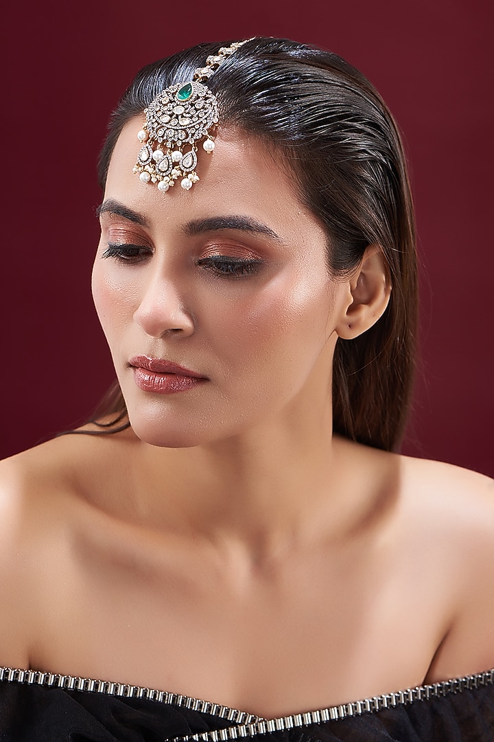 Gold Plated Emerald Moissanite Polki & Pearls Handcrafted Maangtikka In Sterling Silver by IVORINE at Pernia's Pop Up Shop